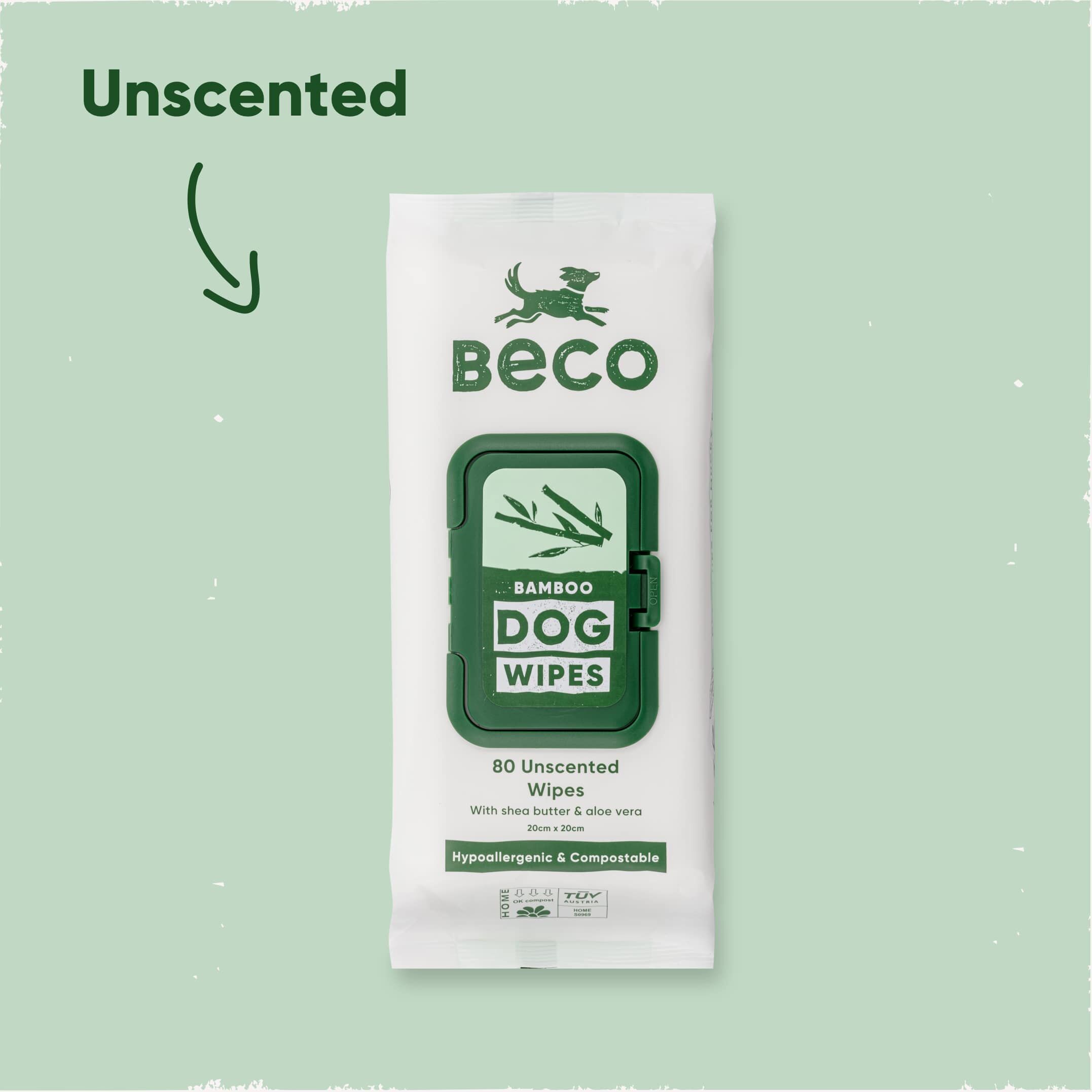 Beco-Reinigungstuecher-Bambus-ohne-Duft-fuer-saubere-Hunde-einzeln-entnehmbar-wieder-verschließbare-Verpackung-Feuchttuecher-auf-gruenem-Hintergrund-BT-75606