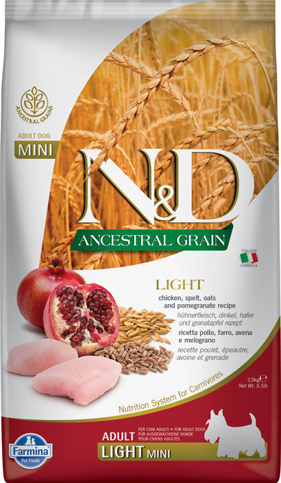 Trockenfutter-Farmina-ND-Low-Ancestral-Grain-Light-Mini-Hund-zum-Abnehmen-Huhn-Dinkel-Hafer-Granatapfel-2-5-kg-58-03630