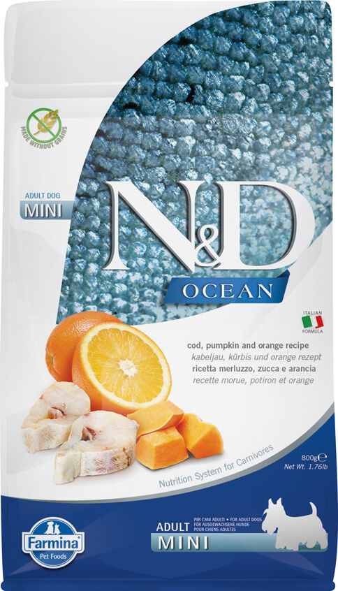 Trockenfutter-Farmina-ND-Ocean-Adult-Mini-Futter-Fisch-kleine-Hunde-Kabeljau-Dinkel-Hafer-Orange-800-g-58-03644