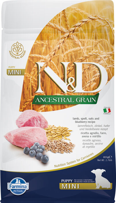 Trockenfutter-Farmina-ND-Low-Ancestral-Grain-Puppy-Mini-fuer-Welpen-mit-hohem-Fleischanteil-Lamm-Dinkel-Hafer-Heidelbeere-800g-58-02191 Trockenfutter-Farmina-ND-Low-Ancestral-Grain-Puppy-Mini-fuer-Welpen-mit-hohem-Fleischanteil-Lamm-Dinkel-Hafer-Heidelbeere-800g-58-02191
