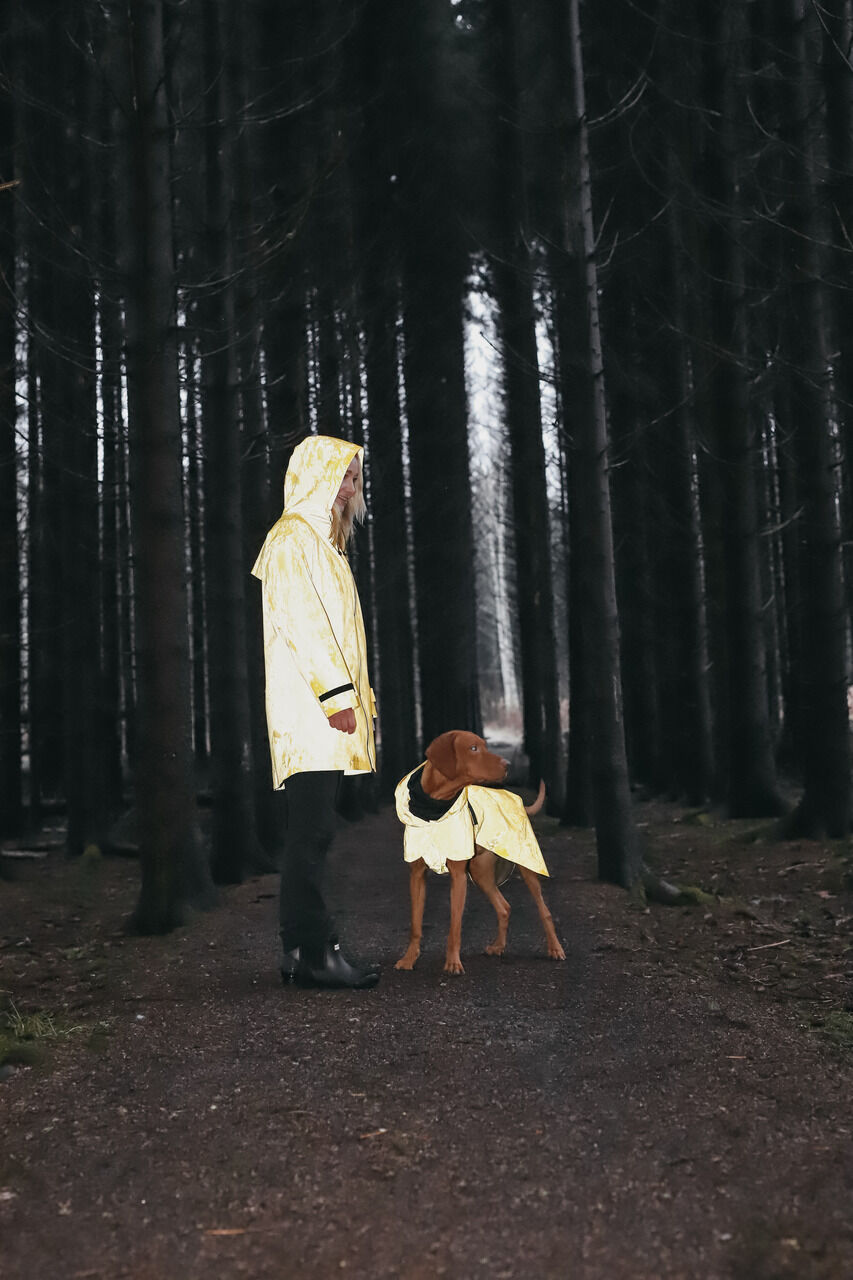 PAIKKA-Regenmantel-fuer-Zweibeiner-reflektierend-Human-Visibility-Raincoat-Frau-mit-Hund-in-reflektierender-Jacke-im-Wald-60-46253