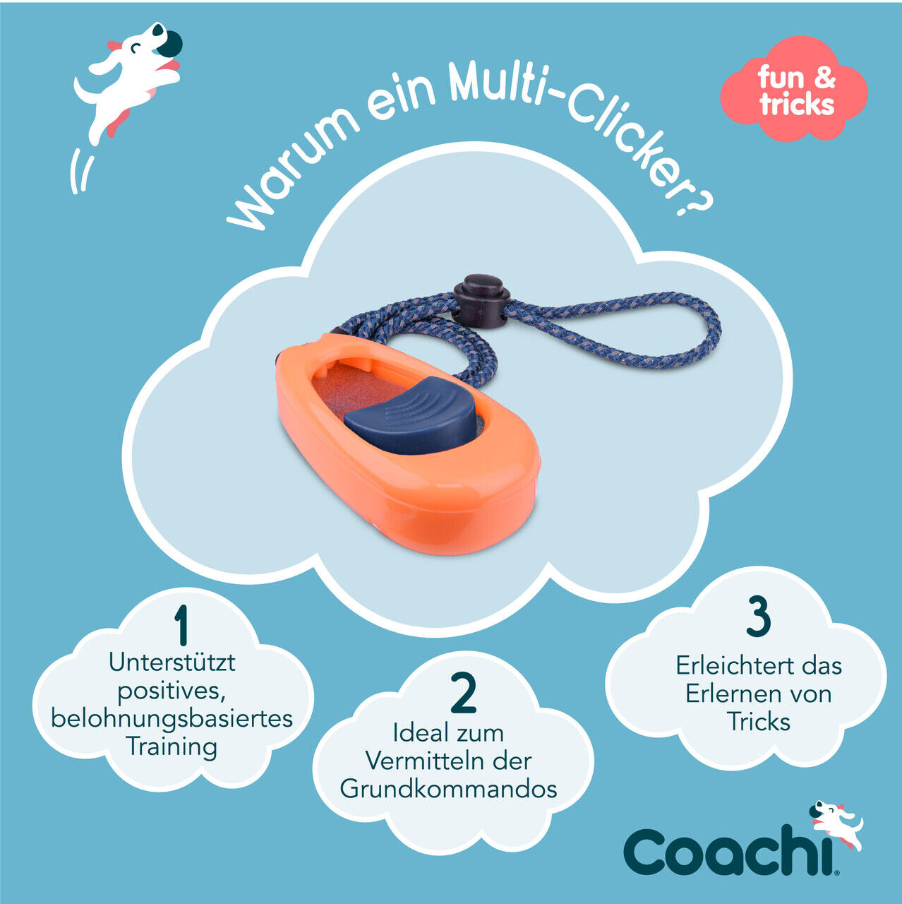 Company-of-Animals-Coachi-Multi-Clicker-orange-blau-Klickertraining-Hundeausbildung-mit-3-Lautstaerken-und-Handschlaufe-positive-Bestaerkung-50-41120