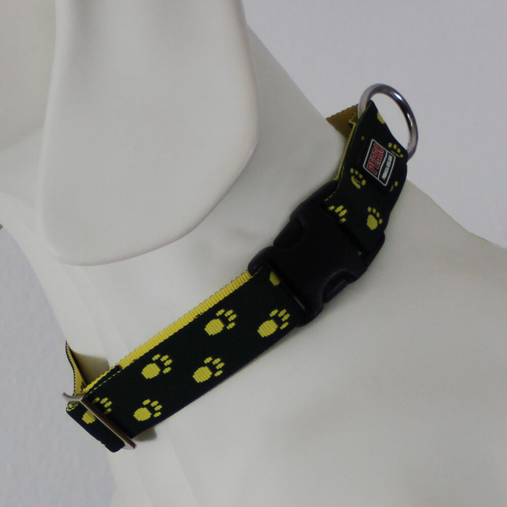 PERRO-DG-Halsband-Verschluss-Klick-Fastex-20-schwarz-gelb-Pfoten-Hund-91224