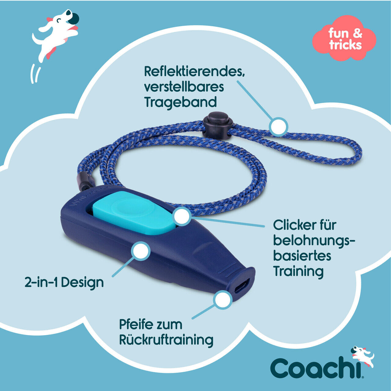 Company-of-Animals-Coachi-Wizzclick-dunkelblau-Pfeife-und-Klicker-in-einem-mit-reflektierendem-Trageband-40cm-Rueckruf--belohnugsbasiertes-Training-50-41110