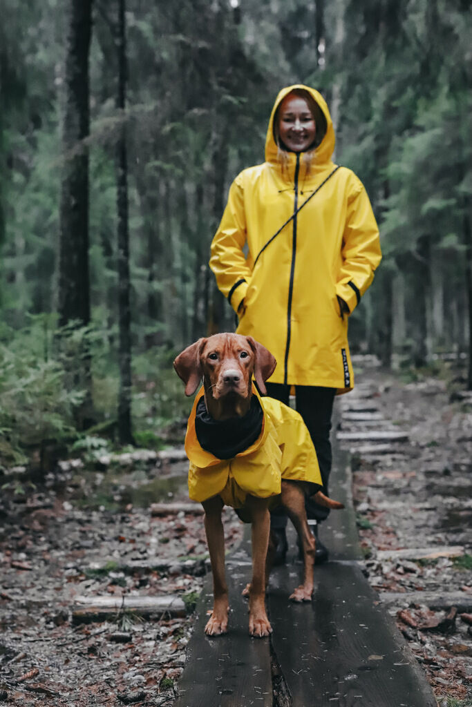 PAIKKA-Regenmantel-fuer-Zweibeiner-reflektierend-Human-Visibility-Raincoat-Gelb-Damen-Frauchen-steht-mit-Hunde-im-Wald-60-46253