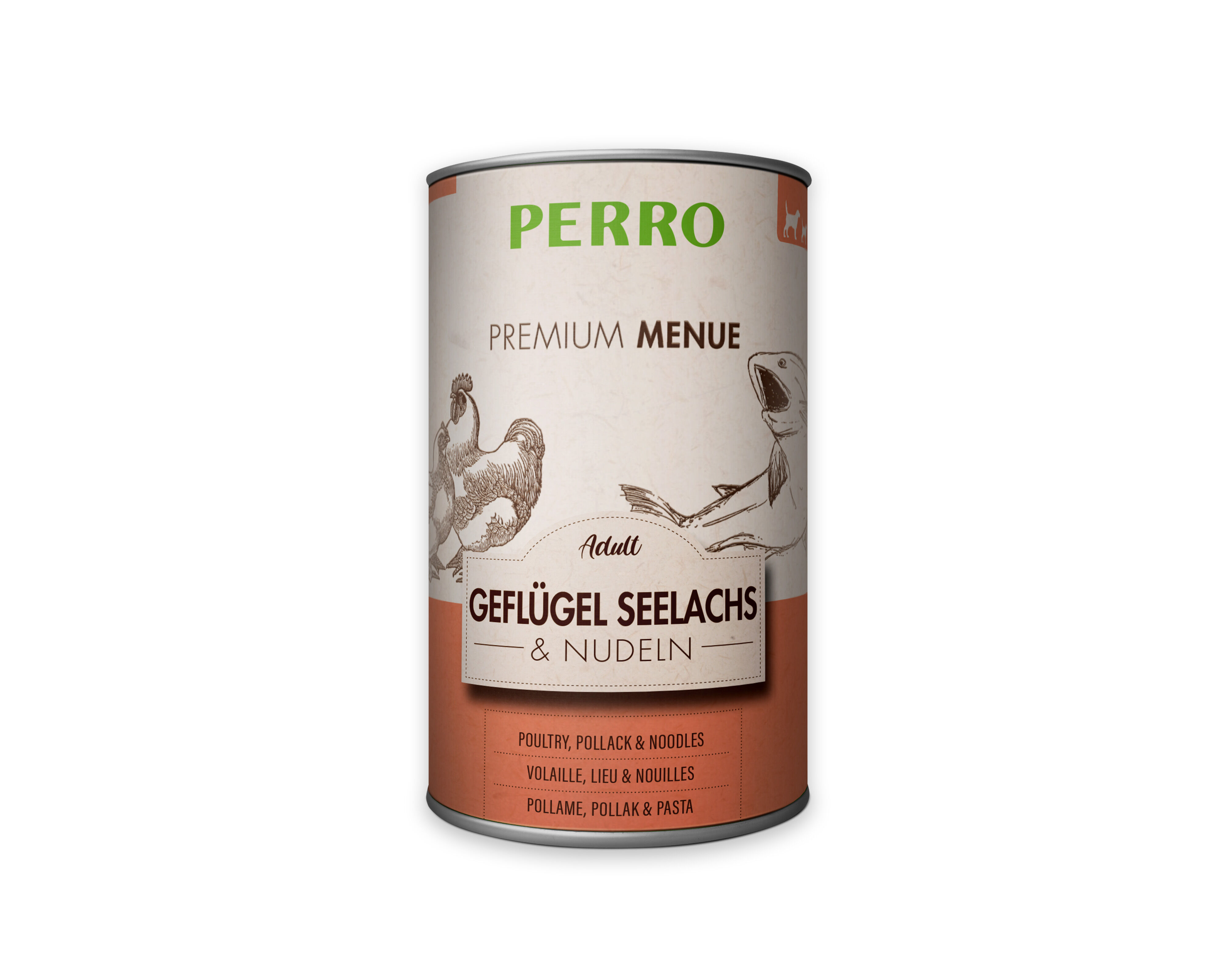 PERRO-Tiernahrung-Premium-Menue-Adult-Gefluegel-Seelachs-Nudeln-410g-fettarmes-Hundefutter-mit-Omega-3-185065