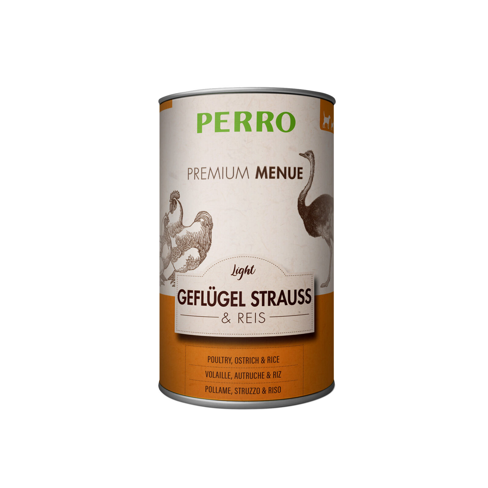 PERRO-Tiernahrung-Premium-Menue-Light-Gefluegel-Strauss-Reis-410g-kalorienreduziertes-Nassfutter-fuer-Hunde-185070