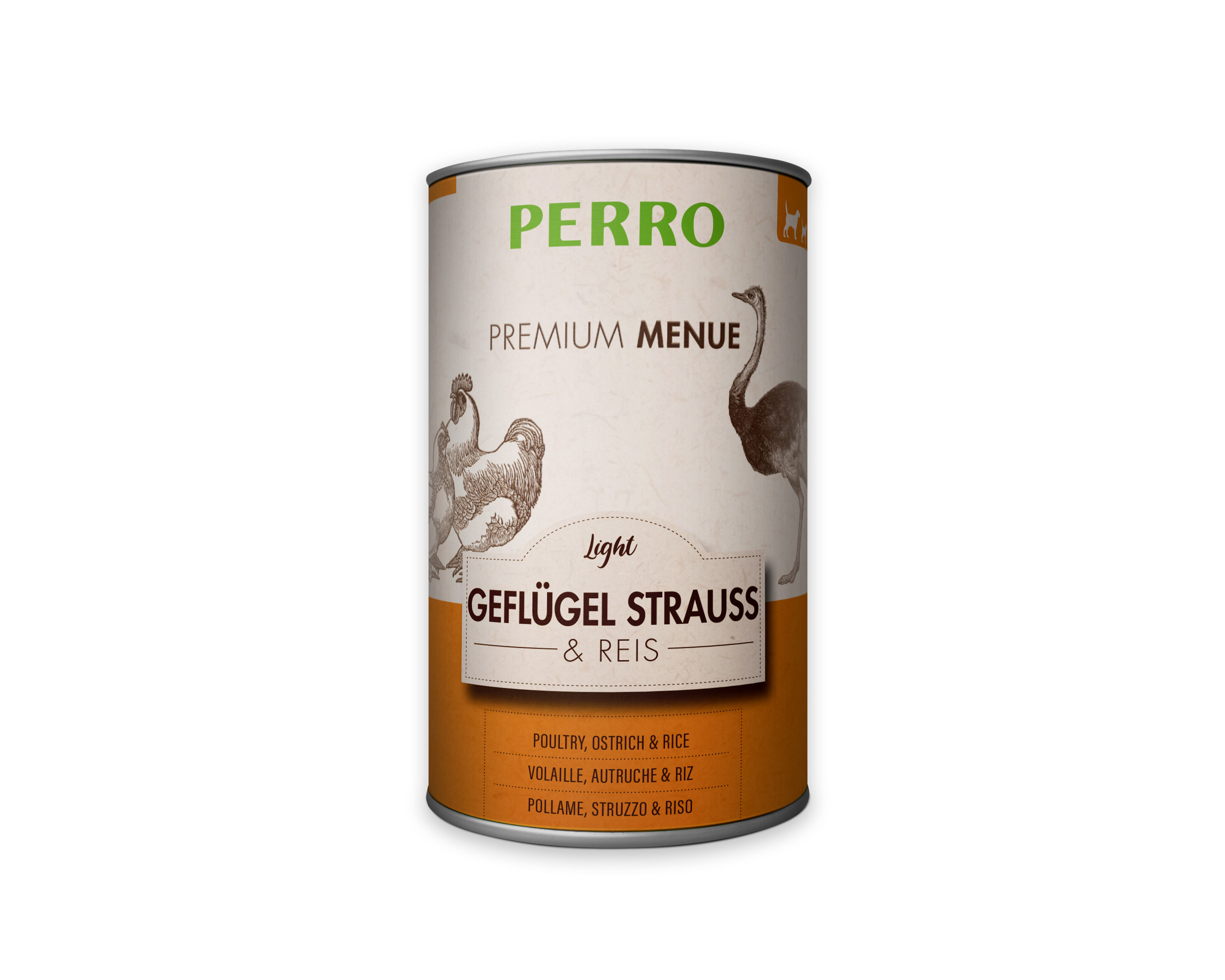 PERRO-Tiernahrung-Premium-Menue-Light-Gefluegel-Strauss-Reis-410g-kalorienreduziertes-Nassfutter-fuer-Hunde-185070
